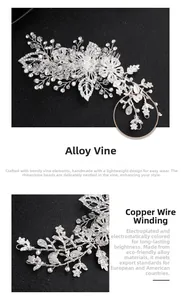 Detail of silver alloy bridal hair comb with handmade beads and crystal rhinestones