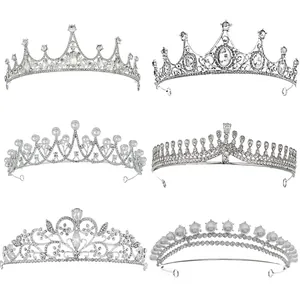 Set of six silver alloy tiaras with rhinestones and pearls for weddings and parties