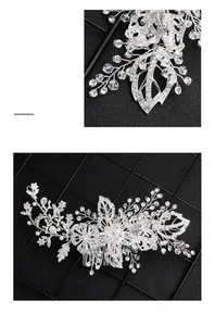 Detail of handmade bridal hair comb with silver wire, sparkling rhinestones and pearls