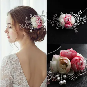 Handmade Bridal Hair Comb Fabric Roses Faux Artificial Pearls Artificial Crystal Branch Wedding Elegant Forest Style Women Hair Jewelry