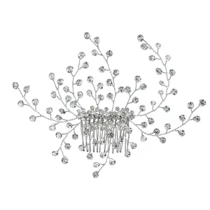 Silver bridal hair comb with rhinestone branches and pearl tassels on white background