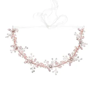 Bandeau de mariée en or rose avec fleurs en cristal rose, perles blanches et strass brillants