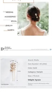 Vue détaillée du pic à cheveux de mariée doré 3x8,5cm avec strass marquise et fleurs