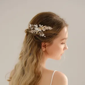Elegante Pinza para el Cabello de Flor de Aleación Dorada Con Perlas Artificiales Cristales Diamantes de Imitación Hecha a Mano Coreana Floral para Boda Fiesta Mujer Joyería