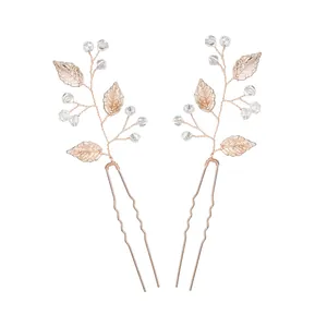 Lot d'épingles à cheveux de mariée avec feuilles en or rose et perles en cristal pour mariage