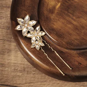 Pic à Cheveux Mariée Fleur Dorée de Luxe Pour Mariage Alliage Strass Épingle à Cheveux en U Pour Femme Bijoux