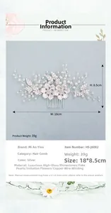 Détail macro du peigne à cheveux de mariée argenté avec strass, perles et fil floral