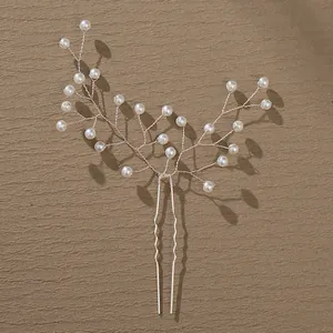 Handmade Silver Twisted Wire Branch Bridal Hair Stick White Faux Artificial Pearls U-Shaped Hairpin Wedding Party Accessory For Women