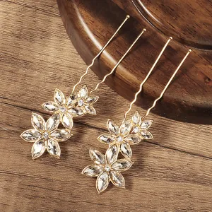Épingles à cheveux dorées en U avec fleurs en strass étincelants pour mariée élégante