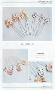Elegante set de horquillas para novia con hojas doradas y brillantes de cristal fino