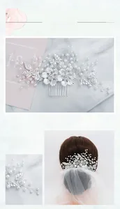 Détails d'un peigne à cheveux de mariée avec fleurs en alliage et perles blanches