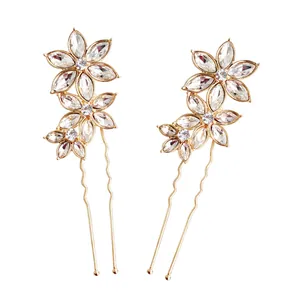 Épingles à cheveux en U dorées avec fleurs en strass pour coiffures de mariée et mariages