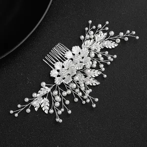 Peigne à Cheveux Fleur de Mariée Avec Strass Et Künstliche Perle d'imitation Argent Alliage Feuille Bijou Cheveux Mariage Femme
