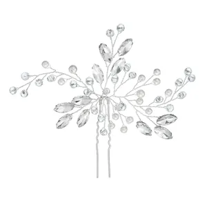 Bridal pearl and crystal U-shaped hair pin with silver branch design for wedding buns