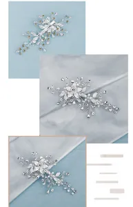Detailed views of a handmade bridal floral hair clip with silver leaves and rhinestones