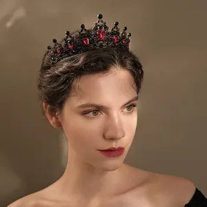 Vintage Baroque crown with red teardrop crystals and black rhinestones for bridal party
