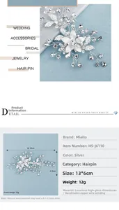 Detailed close-up of handmade bridal hair clip with silver rhinestones, 13x6cm size guide