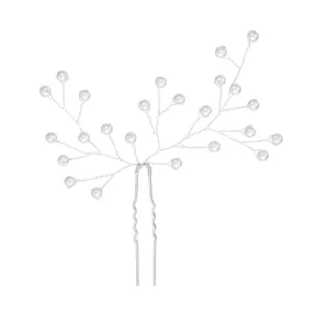 Handmade pearl bridal hair pin with twisted silver wire in branch design on white background