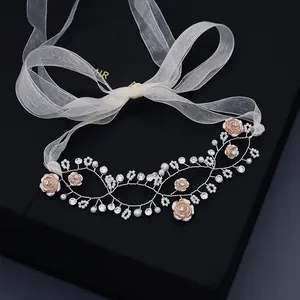 Handmade Flower Bead Girl Hair Vine Silver Rhinestone Faux Artificial Pearl Bridal Headband Ribbon Tie Wedding Party Hair Accessories