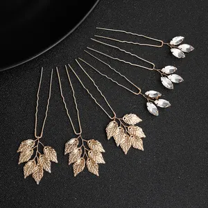 Set de 6 horquillas doradas con hojas y cristales para peinados de novia elegantes