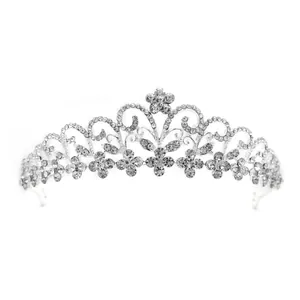 Elegant silver bridal tiara crown with intricate rhinestones and floral alloy patterns