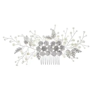 Peigne à cheveux de mariée argenté avec fleurs en alliage, strass et perles blanches