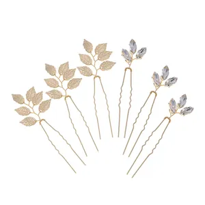 Set de 6 horquillas doradas con hojas y diamantes de imitación para peinado de novia