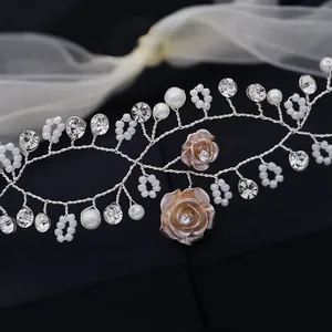 Handmade flower girl hair vine with silver leaves, white pearls and champagne metal roses