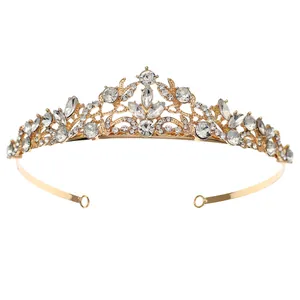 Luxurious gold leaf bridal tiara with sparkling crystal water drop rhinestones for weddings