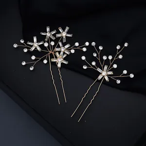 Pasador de Pelo Vintage de Aleación de Oro con Pedrería de Estrella para Novia Boda Elegante Horquilla en U de Flor Hecha a Mano