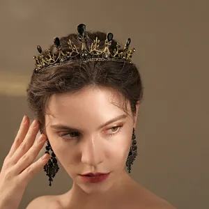 Baroque black rhinestone crown and earring set for bridal hair accessories in gothic gold style