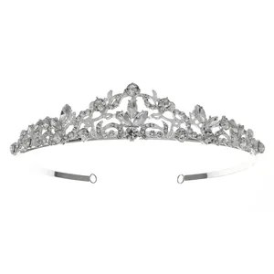 Elegant silver wedding tiara with pear-cut crystals and floral rhinestones design