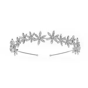 Detailed close-up of a silver floral headband with micro-set rhinestones on delicate petals