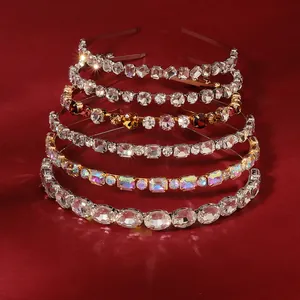 Selection of six luxury rhinestone headbands with colorful AB crystals on red silk