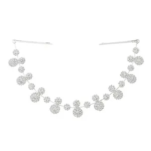 Detailed view of silver floral hair chain with sparkling rhinestones and metal clips