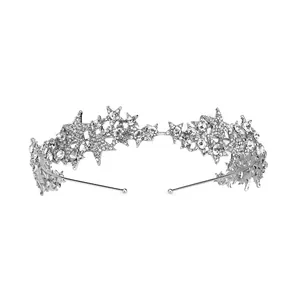 Elegant silver star crown tiara with sparkling rhinestones for bridal wedding hair styling