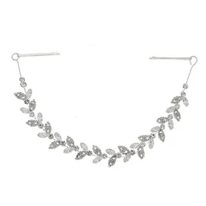 Detail of silver leaf headband featuring sparkling marquise crystals and dual side hair clips