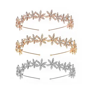 Three bridal headbands in rose gold, gold, and silver with crystal flower patterns