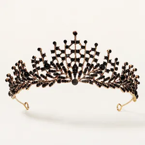 Baroque black crystal tiara with vintage gold metal frame for bridal wedding events