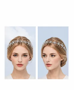 Detail of bridal headband featuring sparkling rhinestones and crystal stars on silver wire