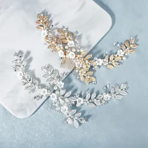 Exquisite bridal hair combs with pearls, crystals, and ceramic flowers in gold and silver