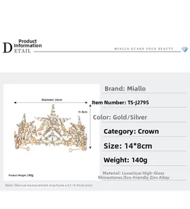 Vue détaillée de la couronne de mariée en cristal avec dimensions et matériaux de luxe