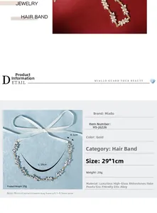 Détail du bandeau de mariée 29cm avec strass marquise et perles sur fil doré