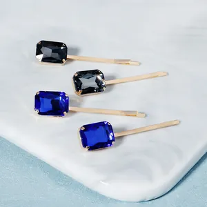 Pinza para el Cabello de Lujo con Diamantes de imitación Aleación Rectangular Cristal Horquilla Azul Gris Pasador Lateral Dulce Chicas Moda Accesorios para el Cabello Mujer