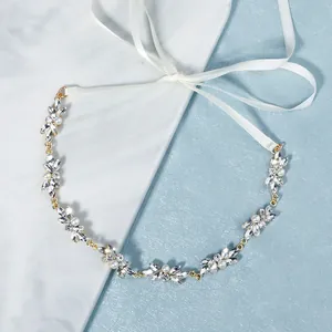 Vigne de Cheveux Mariée Cristal Elégant Fleur Feuille Or Strass Künstliche Perle Serre-tête Mariage Avec Ruban Satin Pour Femmes Bijoux