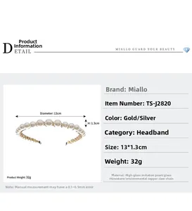 Detailed view of pearl headband with rhinestones showing 13cm diameter and dimensions