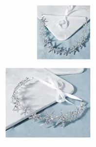 Macro view of handmade silver star headband with sparkling crystals and silk ribbons