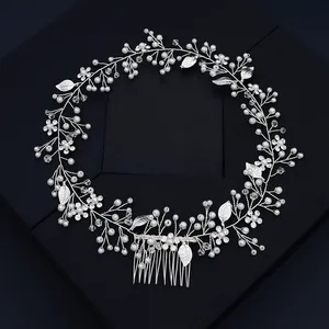Elegant Handmade Bridal Flower Hairband Silver Alloy Rhinestone Artificial Pearl Wedding Headband For Women Hair Accessories