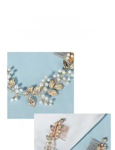 Detail view of handmade gold leaf bridal hair comb with pearls and clear crystals