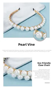 Detail of golden pearl headband with vine design and rhinestone claw chain structure